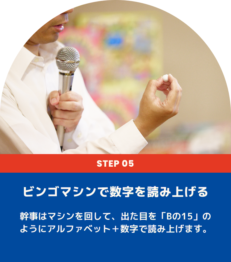 ビンゴマシンで数字を読み上げる 幹事はマシンを回して、出た目を「Bの15」のようにアルファベット＋数字で読み上げます。